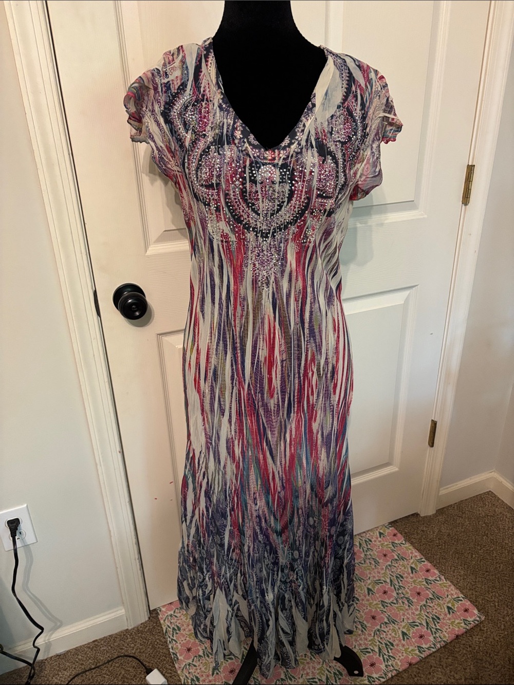 Reba V-Neck Jeweled Multicolor Striped Maxi Dress Large